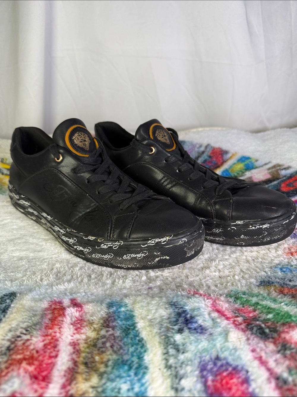 Ed Hardy Black Leather Low-Top Sneakers with Gold Trim